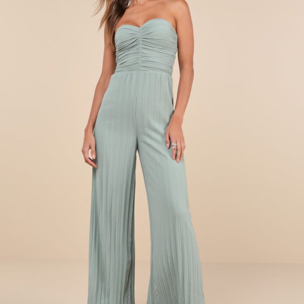 Lulus Certainly Charming Sage Pleated Strapless Wide-leg Jumpsuit Green